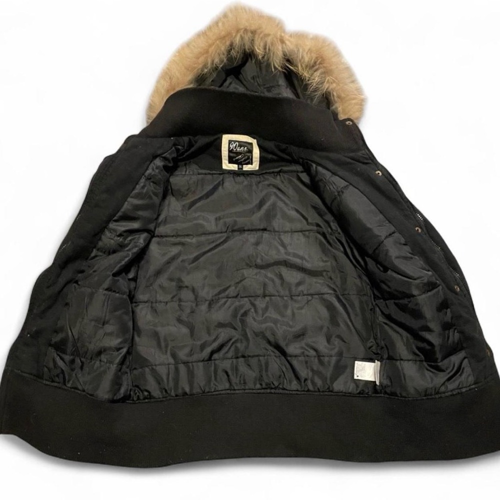 90ans Black Winter Parka Jacket with Faux Fur Hood - Medium - Picture 2 of 8